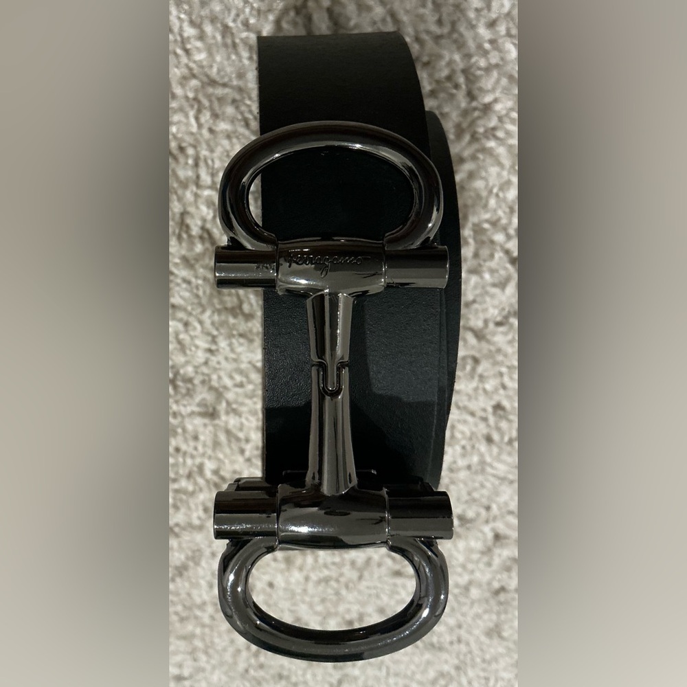 Ferragamo Black Leather Belt with Silver Buckle